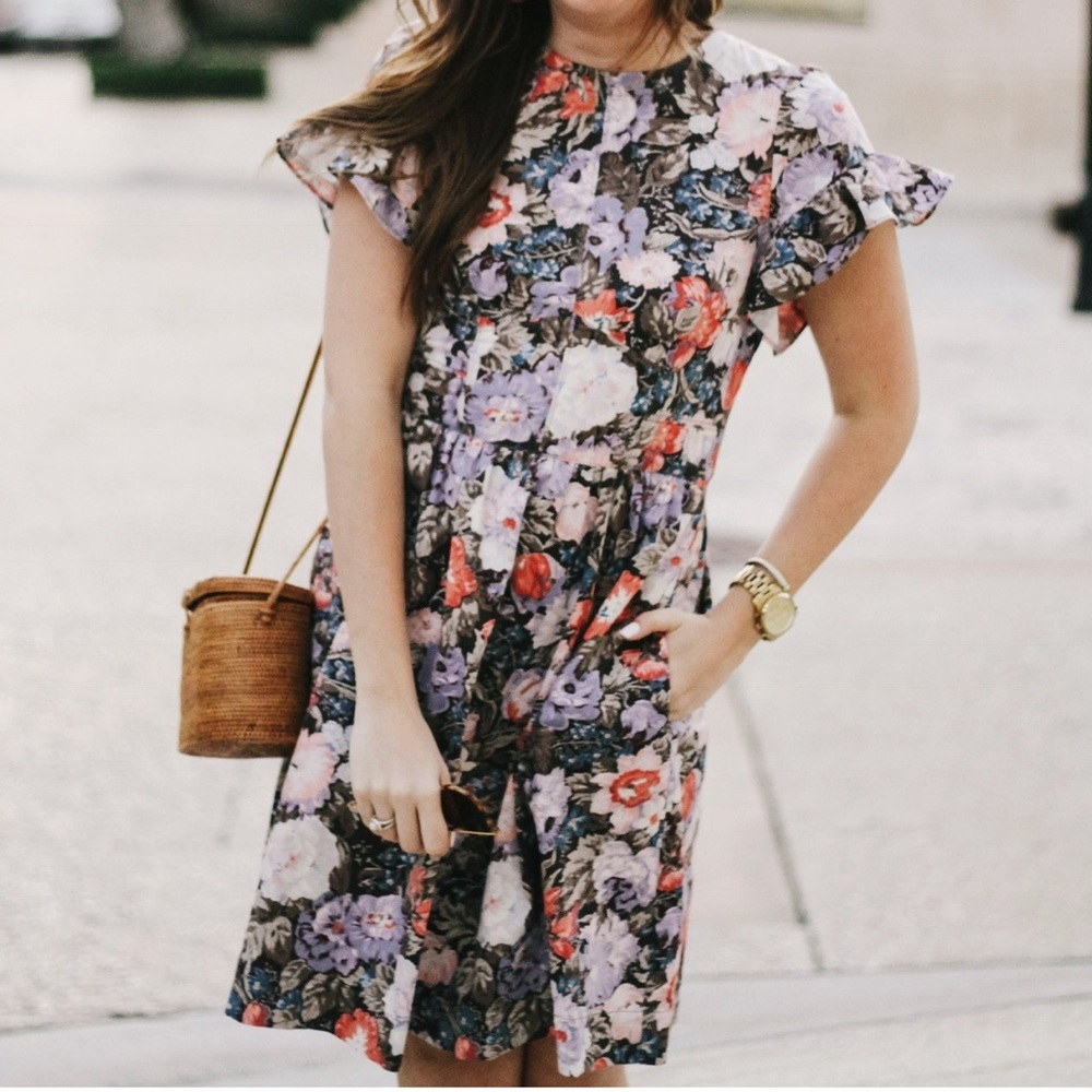 Rebecca Taylor Penelope Floral Open Back Dress Ruffle Sleeve